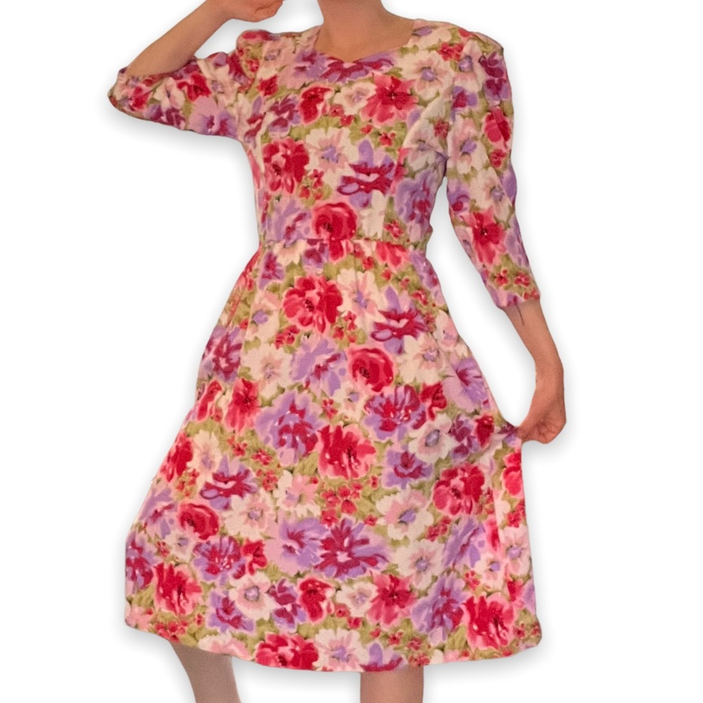 Vintage Floral Pink Midi Dress